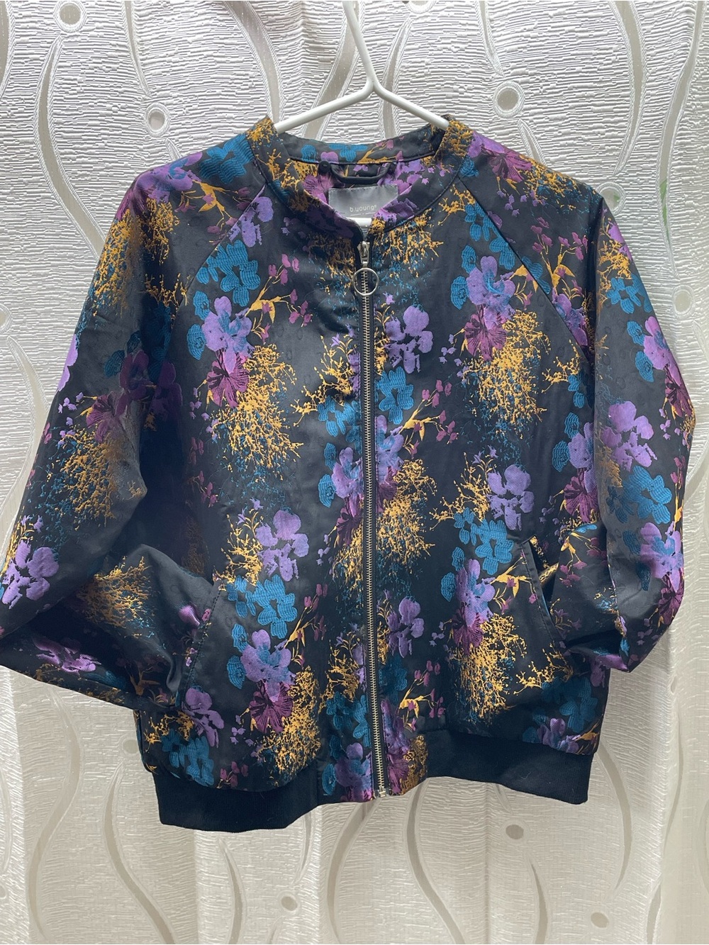 b.young Bomber Jacket Womens 42 Black Floral Jacquard Zip Up Excellent Condition